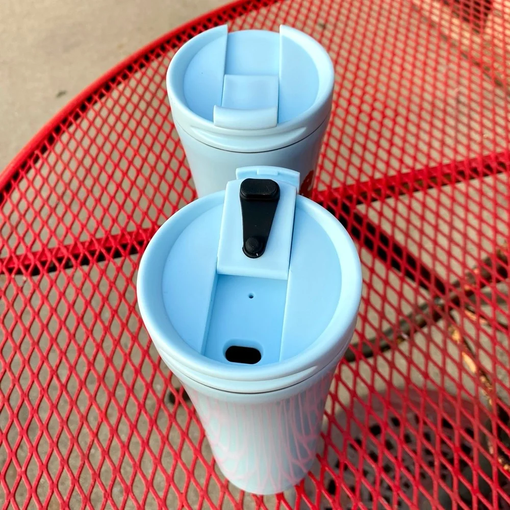 Baby Blue Tumbler, Namaste. Convenient lid that flips open and closed.